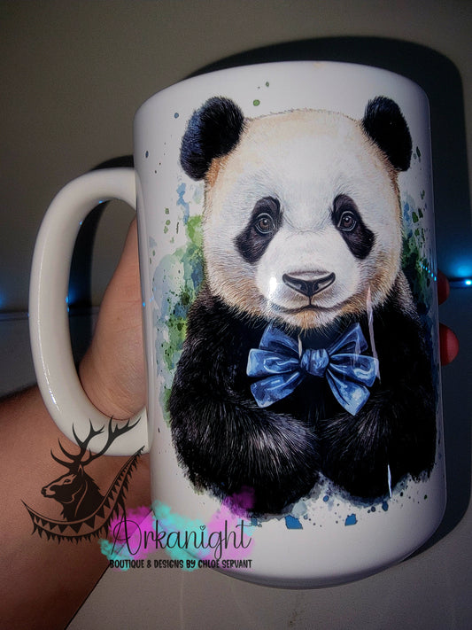 Tasse en céramique sur commande - Collection Watercolor Realism - Panda - Teinte Vert / Boucle Bleu