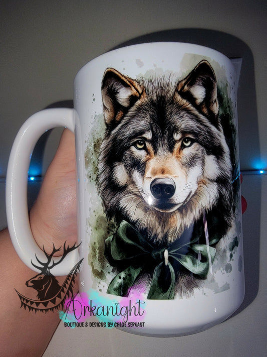 Tasse en céramique sur commande - Collection Watercolor Realism - Loup - Teinte Vert