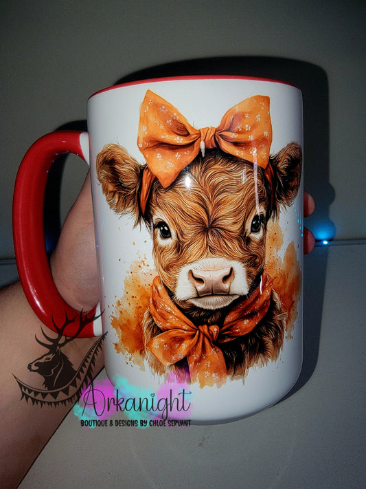 Tasse en céramique sur commande - Collection Watercolor Realism - Vache Highland Rousse - Teinte orangé