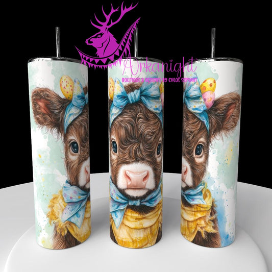 Gourde sur commande - Watercolor Realism - Highland Cow Brune - Teinte de vert / Boucle Bleu/Jaune