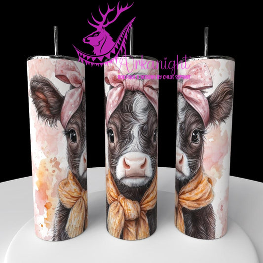 Gourde sur commande - Watercolor Realism - Vache Highland Brune chocolat & Blanche - Teinte de corail / Boucle Rose