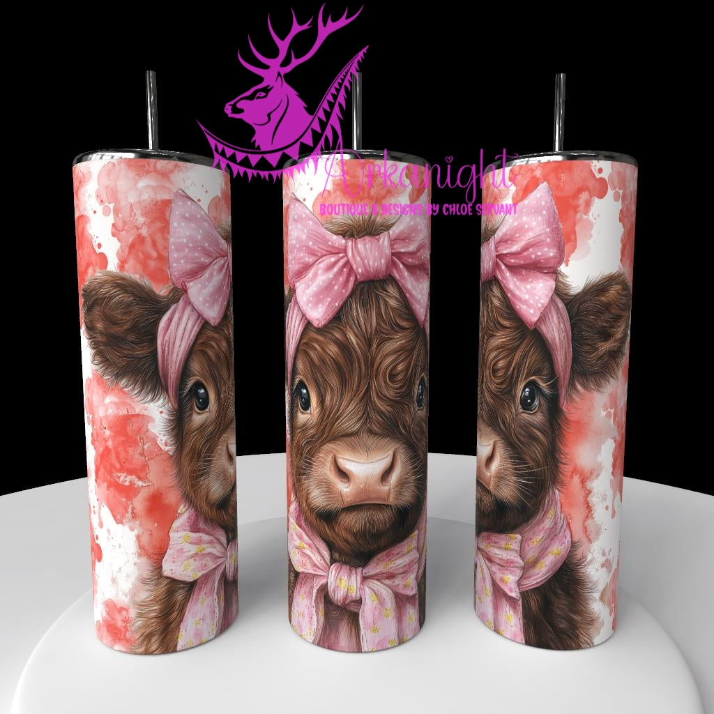 Gourde sur commande - Watercolor Realism - Highland Cow Brune Chocolat - Teinte de rouge / Boucle rose