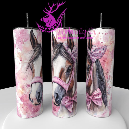 Gourde sur commande - Watercolor Realism - Pouliche Paint horse Brune & Blanc - Teinte de rose / Boucle rose/Mauve