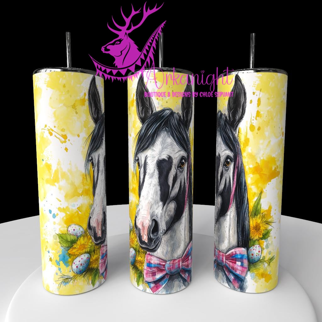 Gourde sur commande - Watercolor Realism - Paint Horse Noir et Blanc - Teinte de jaune / Boucle rose/Bleu