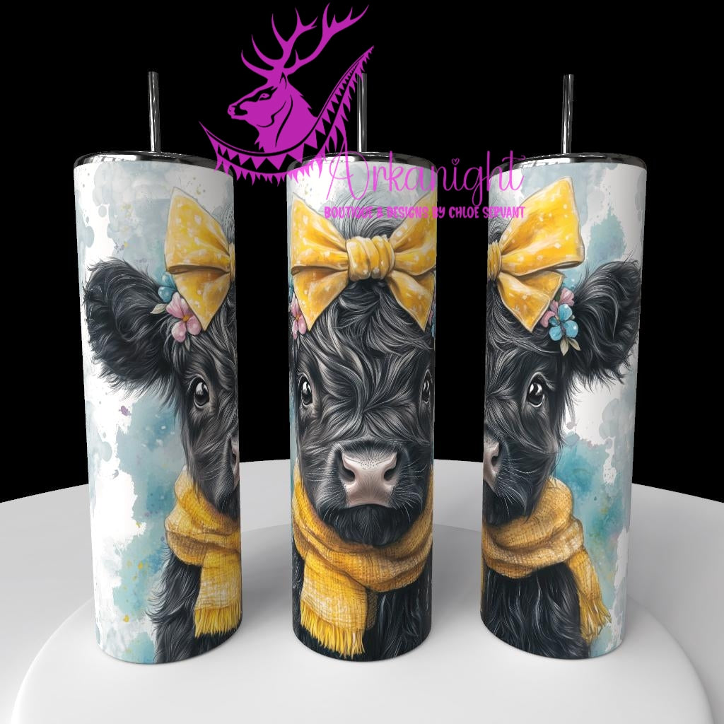 Gourde sur commande - Watercolor Realism - Vache Highland Noir - Teinte Vert/Bleu / Boucle Jaune