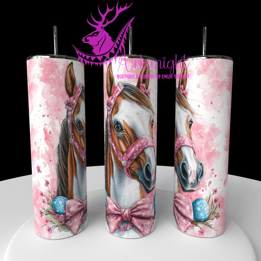 Gourde sur commande - Watercolor Realism - Paint Horse Tan & blanc - Teinte de rose / Boucle Rose