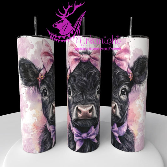 Gourde sur commande - Watercolor Realism - Vache Highland Noire - Teinte rose / Boucle rose