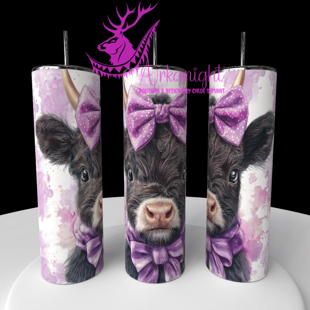 Gourde sur commande - Watercolor Realism - Vache Highland Noir - Teinte de Mauve
