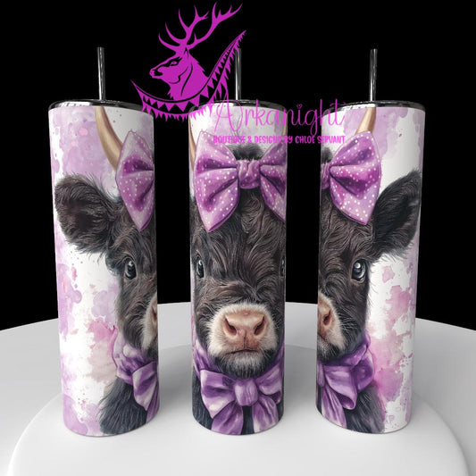 Gourde sur commande - Watercolor Realism - Vache Highland Noir - Teinte de Mauve