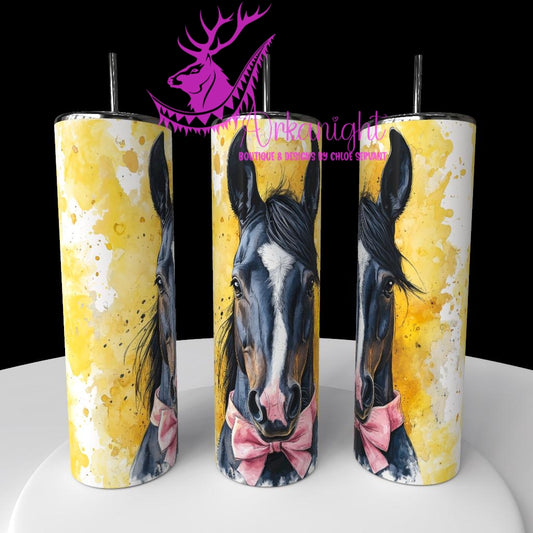 Gourde sur commande - Watercolor Realism - Cheval Brun/Noir - Teinte de jaune / Boucle Rose