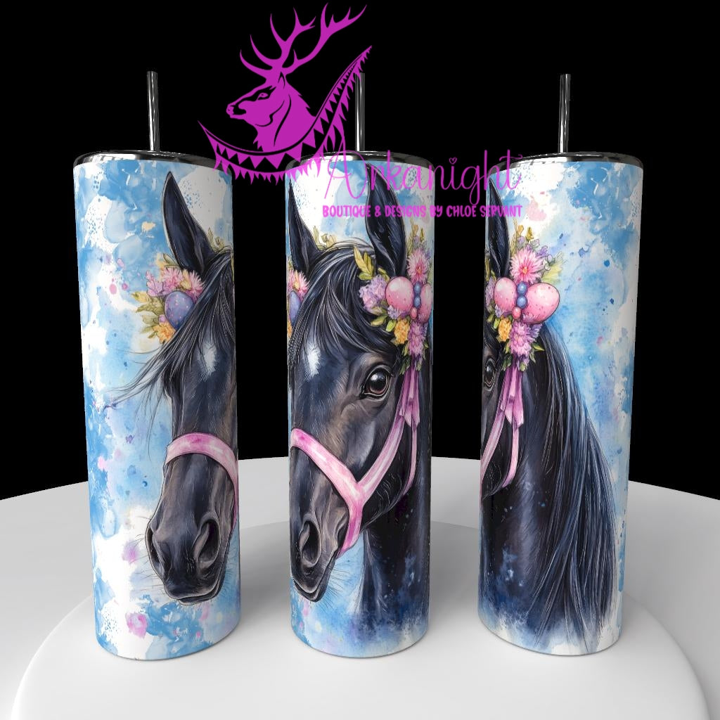 Gourde sur commande - Watercolor Realism -  Cheval Noir - Teinte Bleu / Boucle Rose