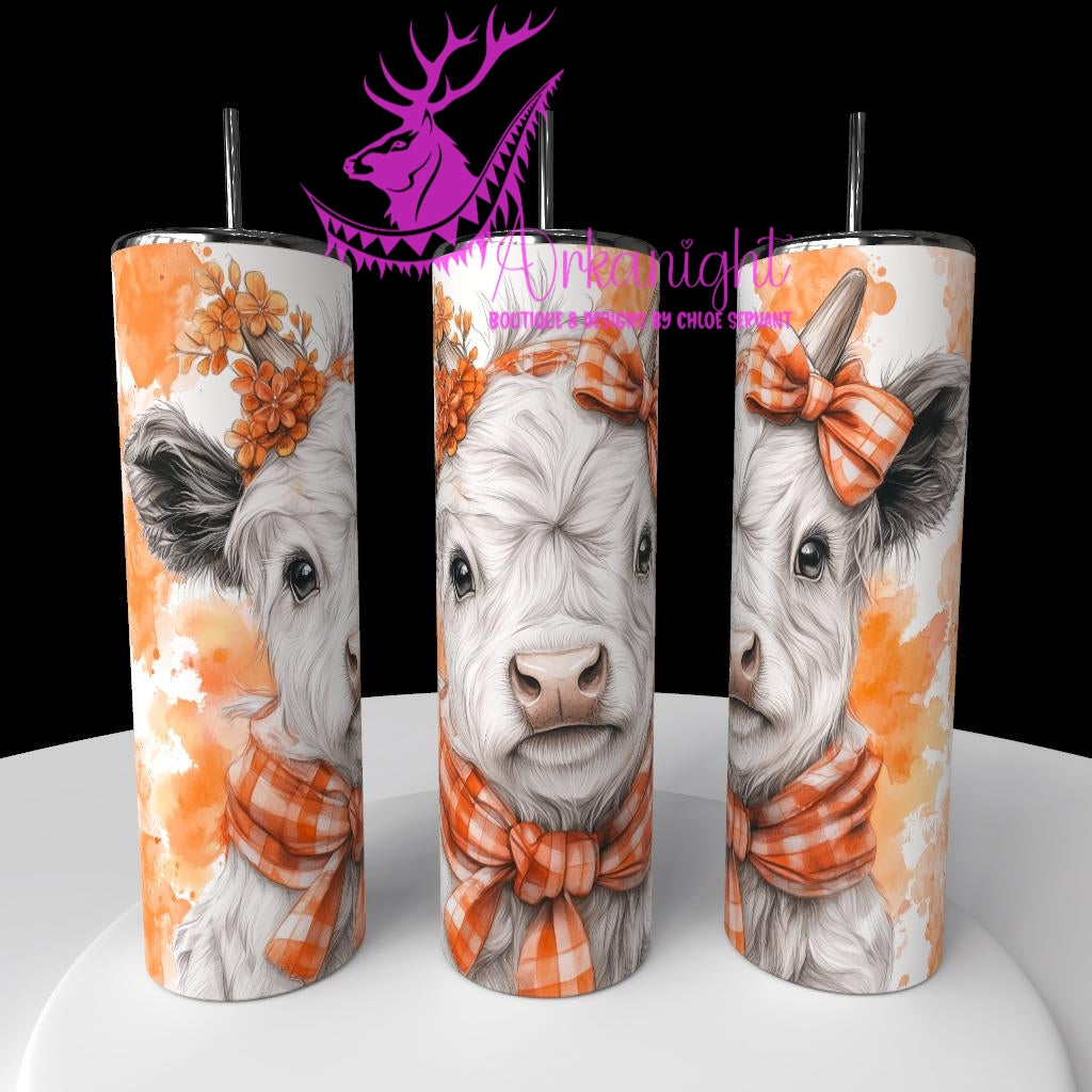 Gourde sur commande - Watercolor Realism -  Vache Highland Blanche - Teinte Orangé