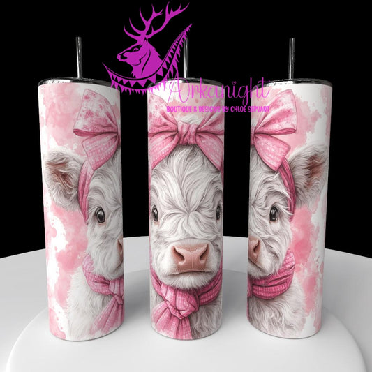 Gourde sur commande - Watercolor Realism -  Vache Highland Blanche - Teinte Rose Barbie