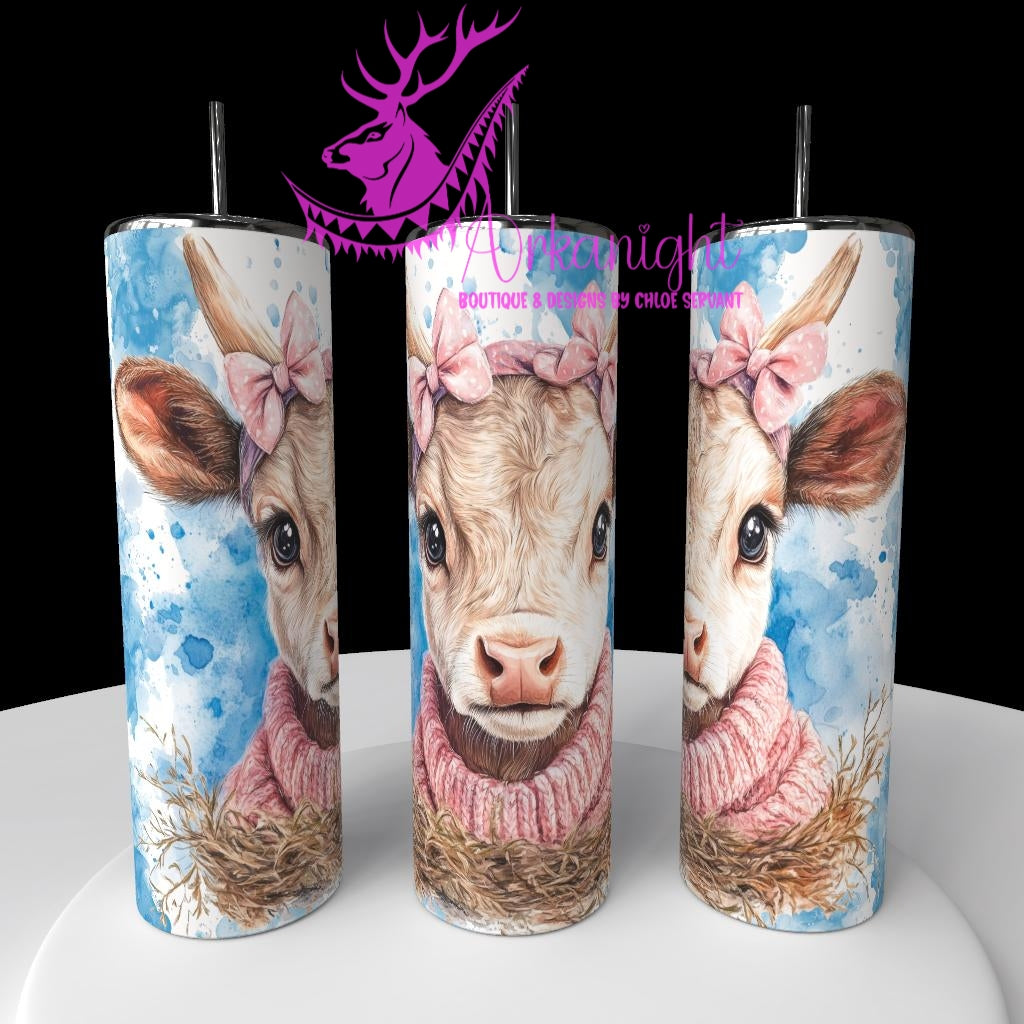 Gourde sur commande - Watercolor Realism - Vache - Teinte Bleu/Boucle rose