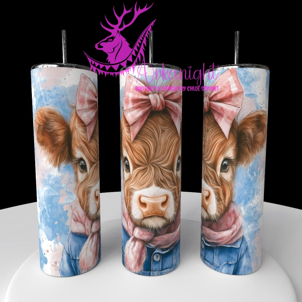 Gourde sur commande - Watercolor Realism - Vache Highland Rousse - Teinte Bleu Ciel/ Boucle rose