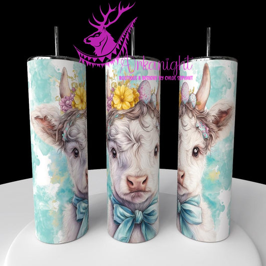 Gourde sur commande - Watercolor Realism - Vache Highland Blanche - Teinte Turquoise/Vert / Boucle verte