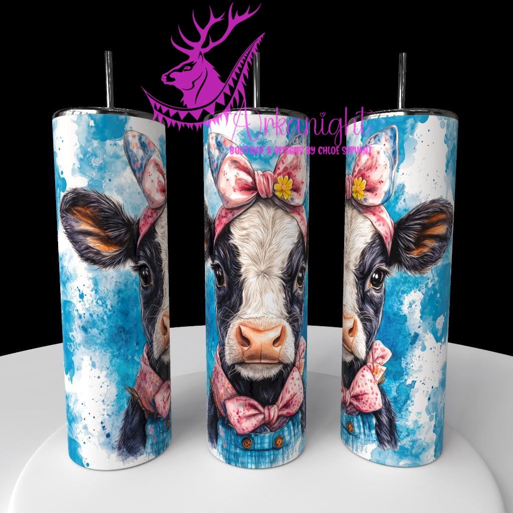 Gourde sur commande - Watercolor Realism - Vache Holstein - Teinte Bleu / Boucle rose