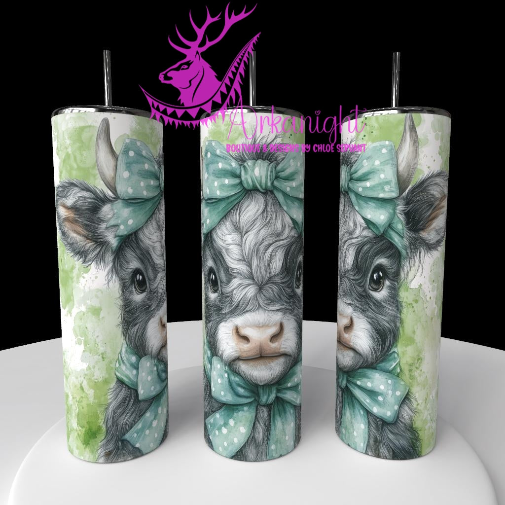 Gourde sur commande - Watercolor Realism - Vache Highland Grise - Teinte de Vert