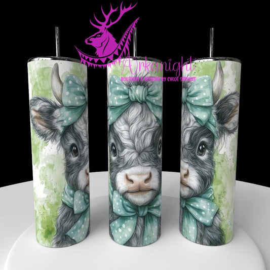 Gourde sur commande - Watercolor Realism - Vache Highland Grise - Teinte de Vert