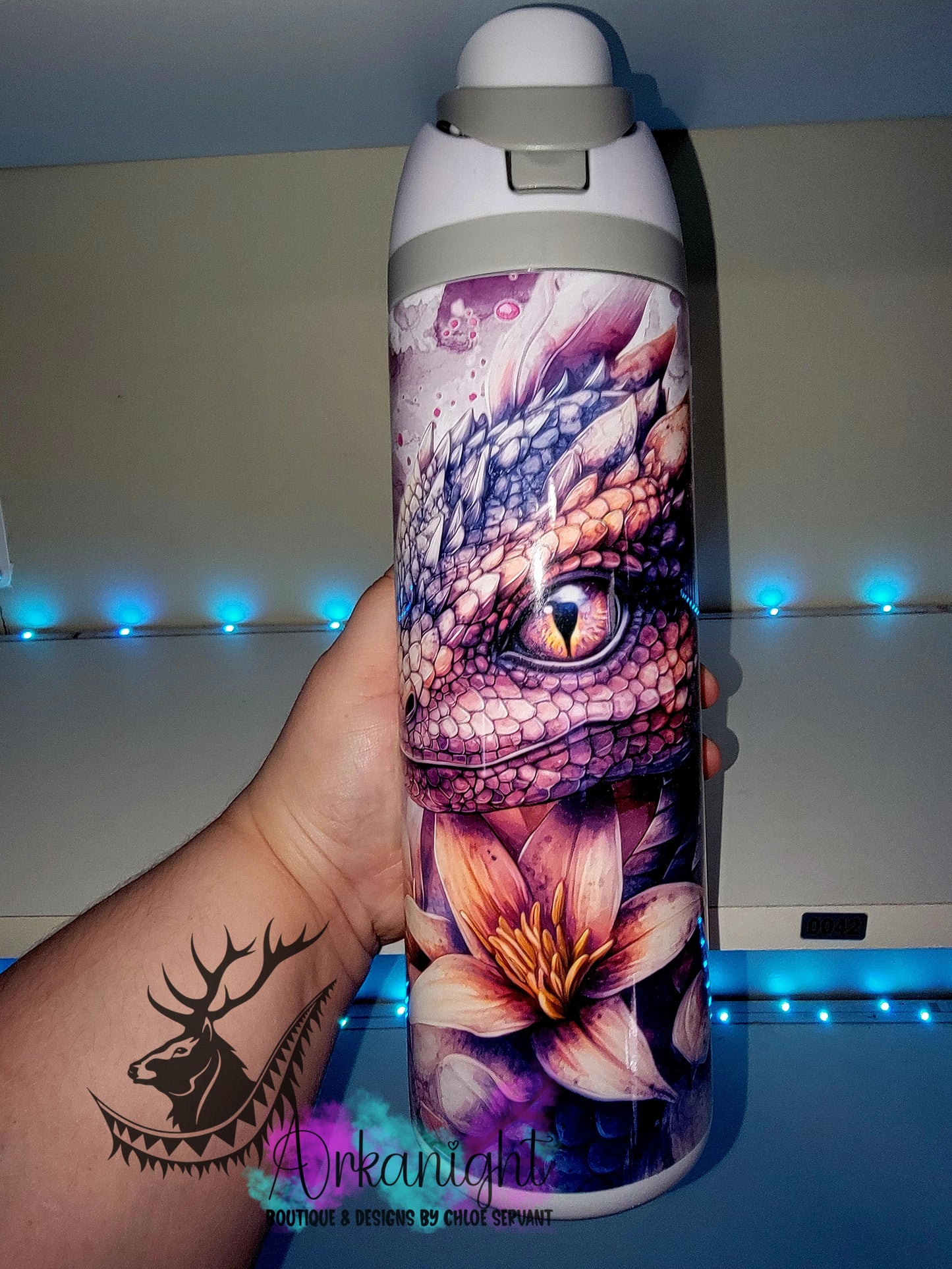 Owala DUPE 24 oz sur commande - Collection Watercolor Realism - Dragon - Bourgogne & Mauve foncé