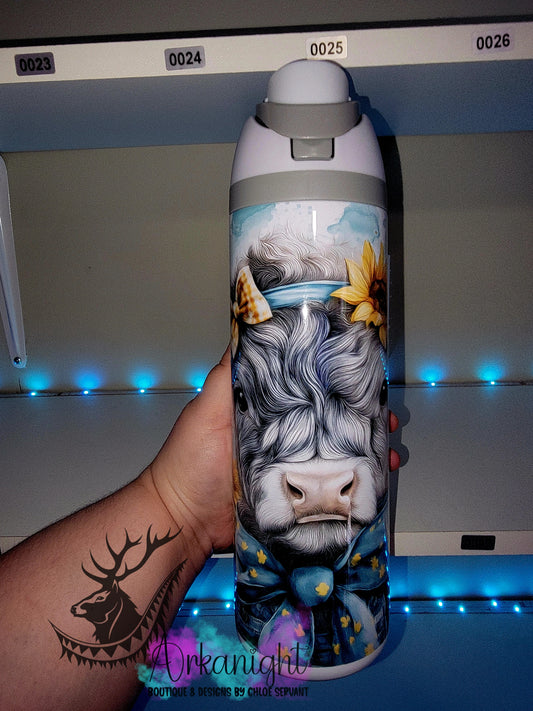 Owala DUPE 24 oz sur commande - Collection Watercolor Realism - Western - Highland Cow Grise Sunflower
