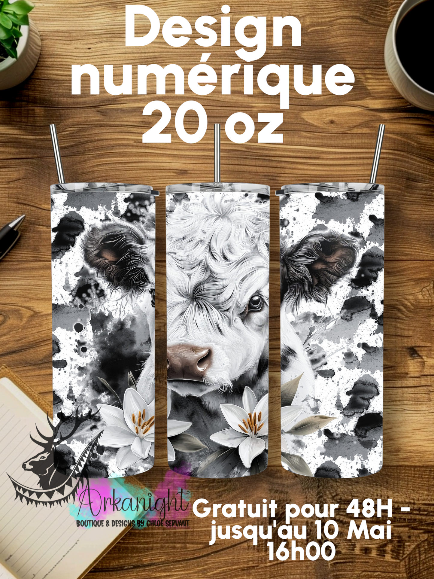 Numérique - Collection Watercolor Realism - Vache Highland Blanche et Noire