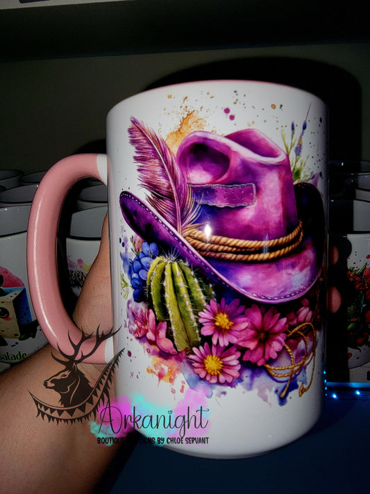Tasse en céramique sur commande - Collection Western 2026 - Cowgirl hat & Cactus - Mauve/Fushia