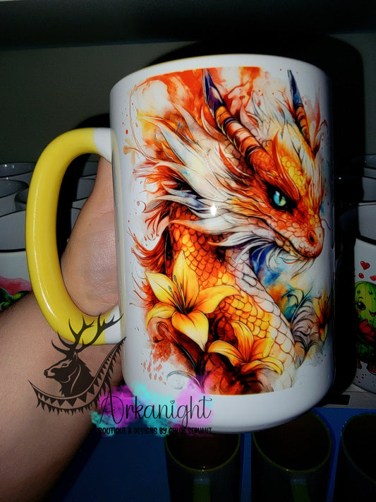 Tasse en céramique sur commande - Collection Fantaisie 2026 - Dragon - Rouge , Blanc & Jaune Or