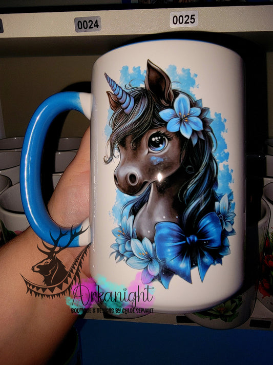 Tasse en céramique sur commande - Collection Fantaisie - Licorne - Noir et Turquoise