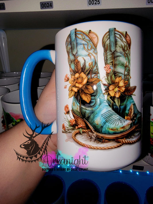 Tasse en céramique sur commande - Collection Western 2026 - Botte de Cowgirl turquoise