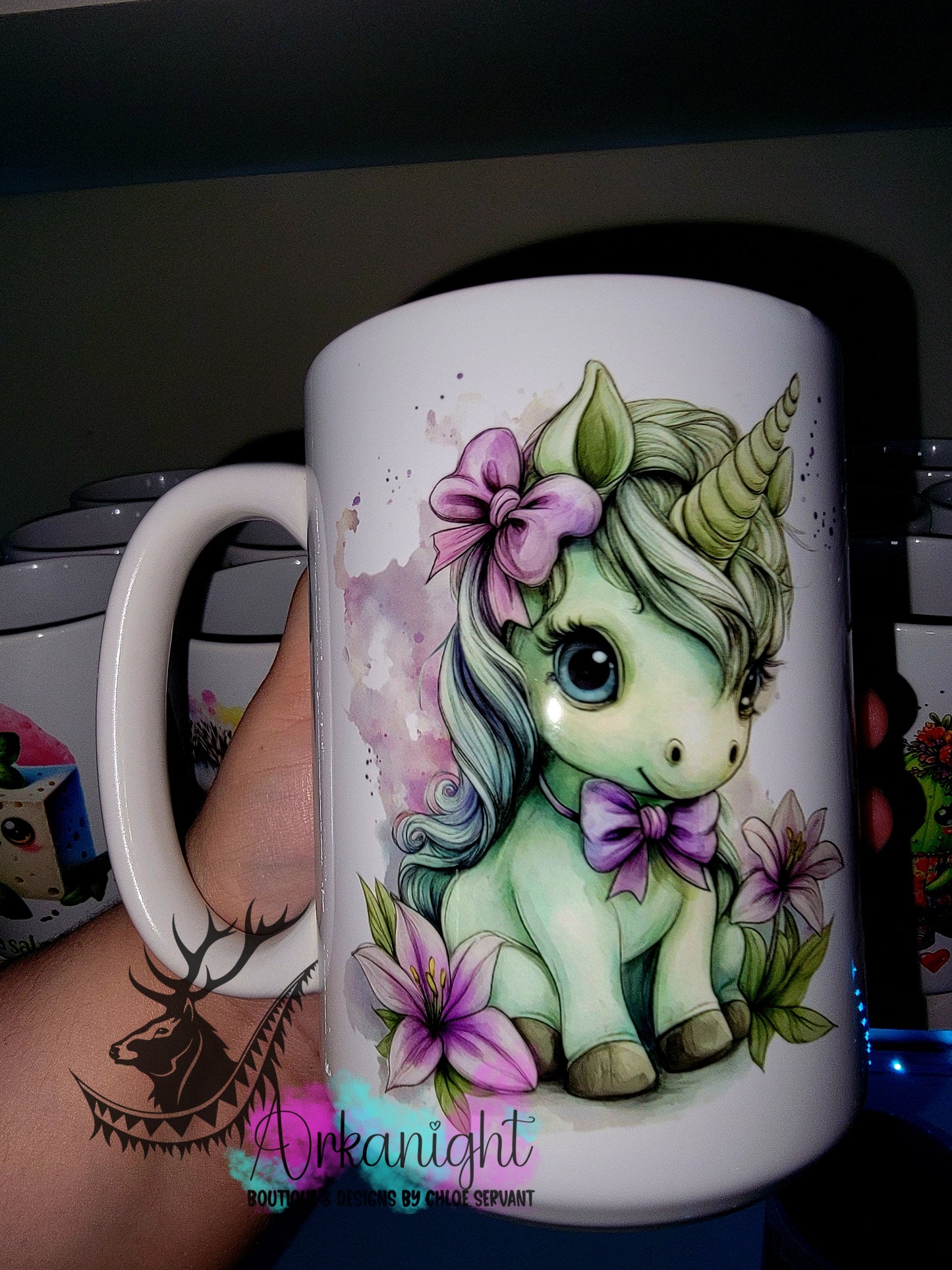 Tasse en céramique sur commande - Collection Fantaisie 2026 - Licorne - Vert Menthe & Lilas