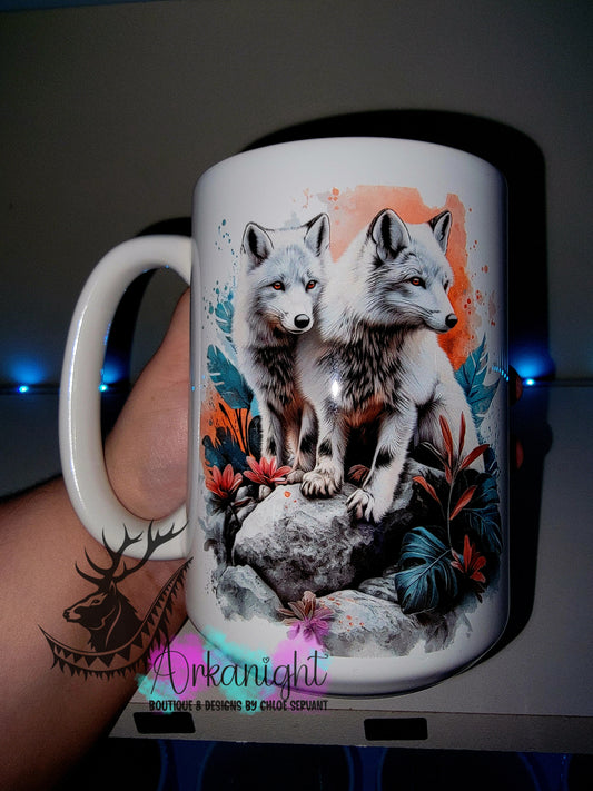 Tasse en céramique sur commande - Collection Realism - Animaux - Couple de Renard Blanc