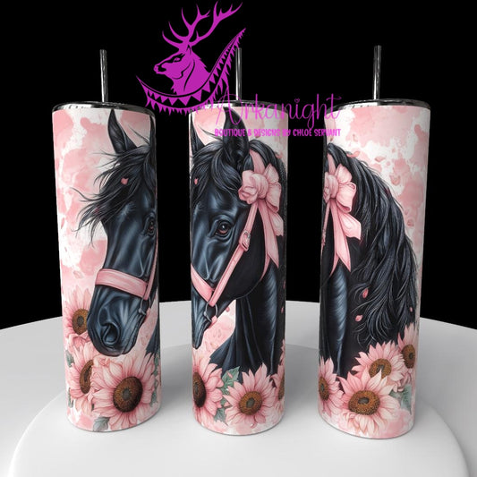 Gourde sur commande - Collection Western 2026 - Watercolor Realism - Cheval Noir Jais - Teinte de rose Barbie