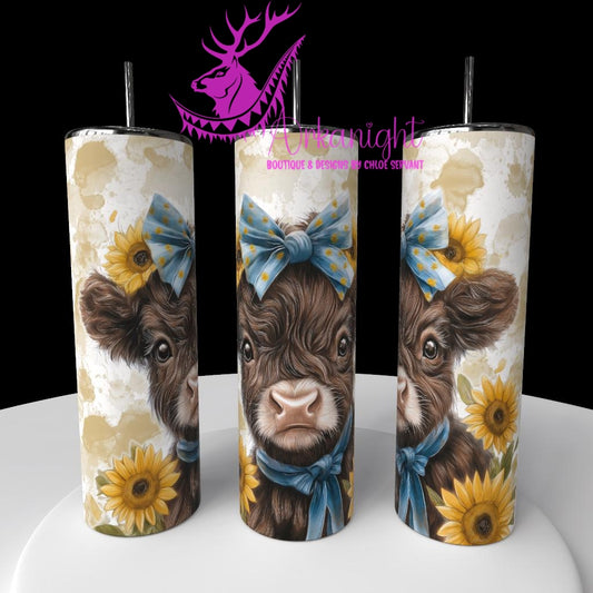 Gourde sur commande - Collection Western 2026 - Watercolor Realism - Vache Highland Brune - Teinte d'or et Sunflower