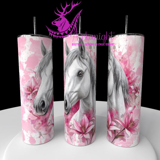 Gourde sur commande - Collection Western 2026 - Watercolor Realism - Cheval Blanc - Teinte de rose barbie