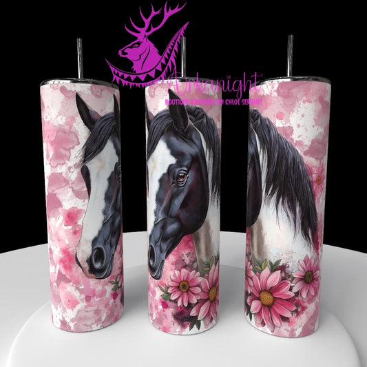 Gourde sur commande - Collection Western 2026 - Watercolor Realism - Cheval Painte Horse Noir & blanc - Teinte de rose