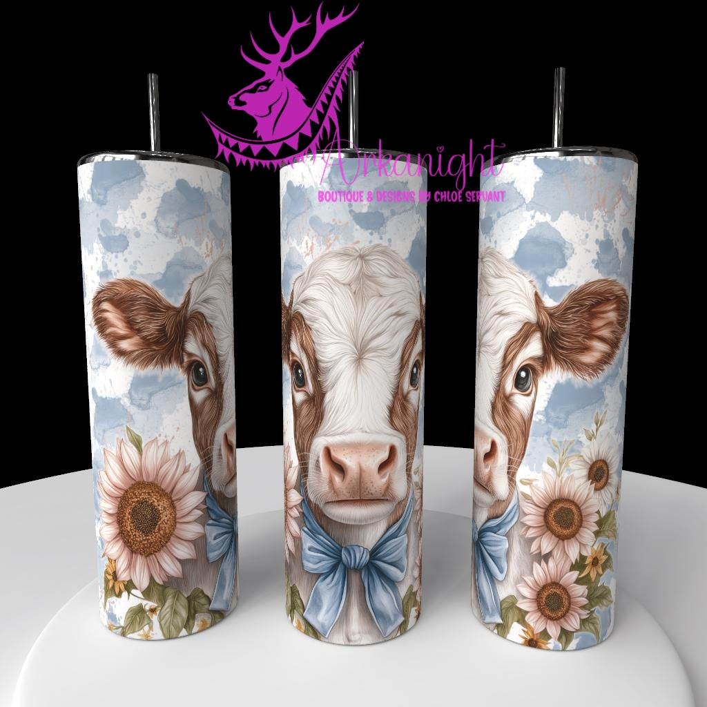 Gourde sur commande - Collection Western 2026 - Watercolor Realism - Vache Holstein Brune & Blanche - Teinte de bleu/Gris - sunflower rose