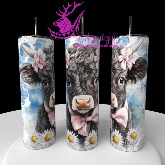 Gourde sur commande - Collection Western 2026 - Watercolor Realism - Vache Highland Grise Foncé & blanche - Teinte de bleu et de gris