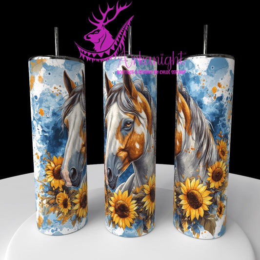 Gourde sur commande - Collection Western 2026 - Watercolor Realism - Cheval Paint Horse Brun & Blanc- Teinte de bleu marin