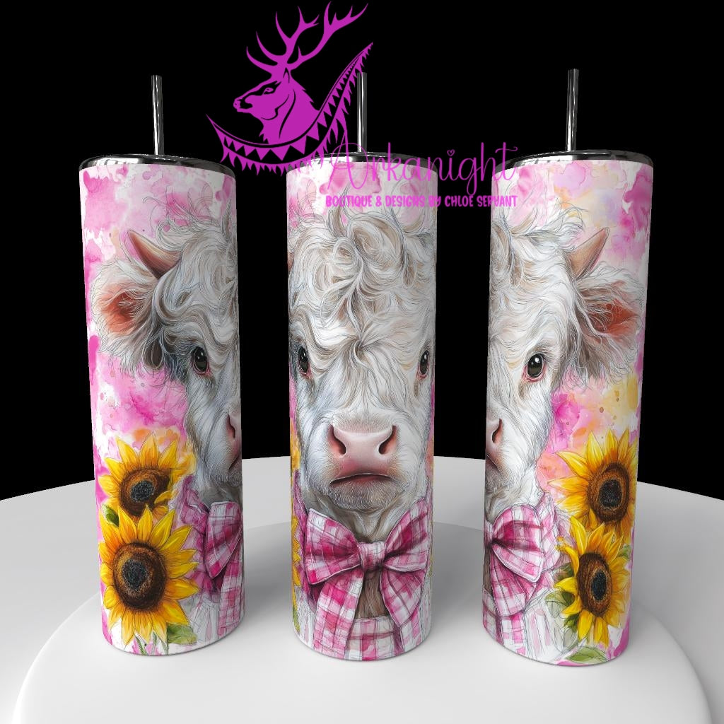 Gourde sur commande - Collection Western 2026 - Watercolor Realism - Vache Highland Blanche - Teinte rose Barbie