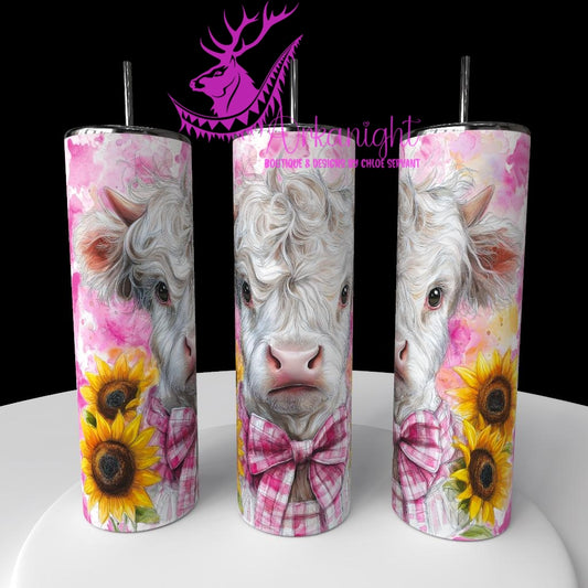 Gourde sur commande - Collection Western 2026 - Watercolor Realism - Vache Highland Blanche - Teinte rose Barbie