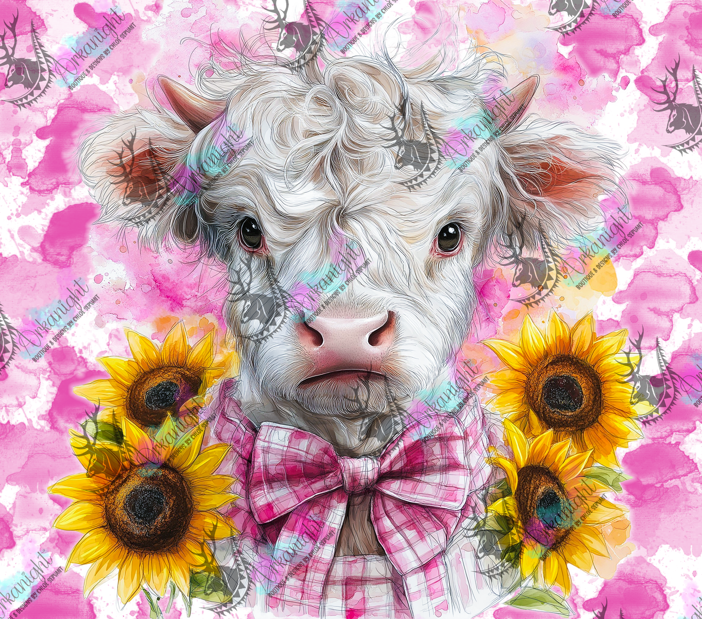 Numérique - Collection Western 2026 - Watercolor Realism -  Vache Highland Blanche - Teinte Rose Barbie