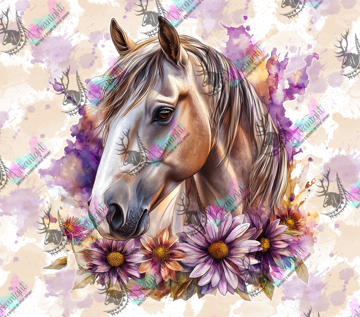Numérique - Collection Western 2026 - Watercolor Realism -  Cheval Dunskin - Teinte de pêche & Mauve Lilas