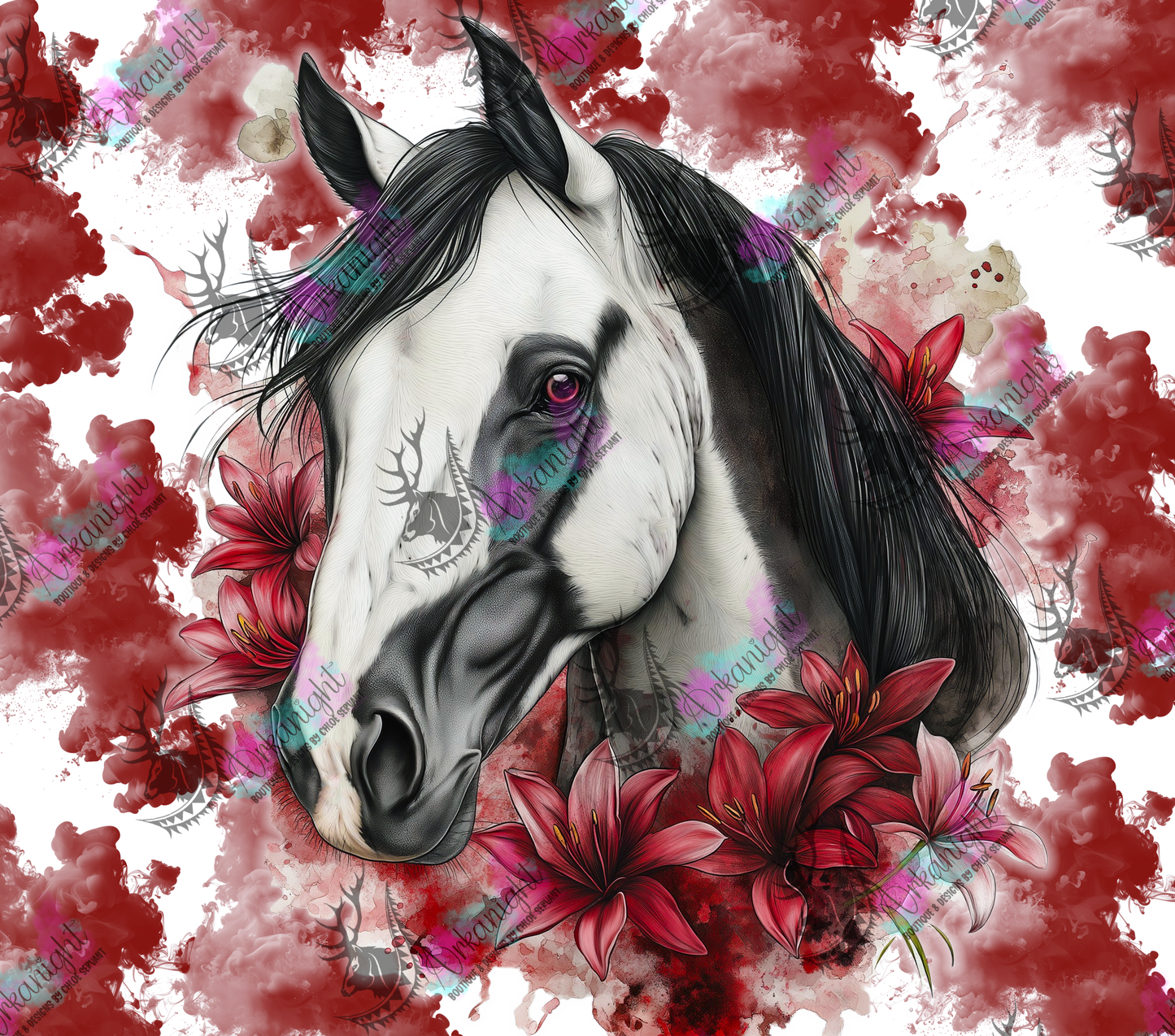Numérique - Collection Western 2026 - Watercolor Realism - Cheval Paint Horse Noir & Blanc - Teinte de rouge cerise