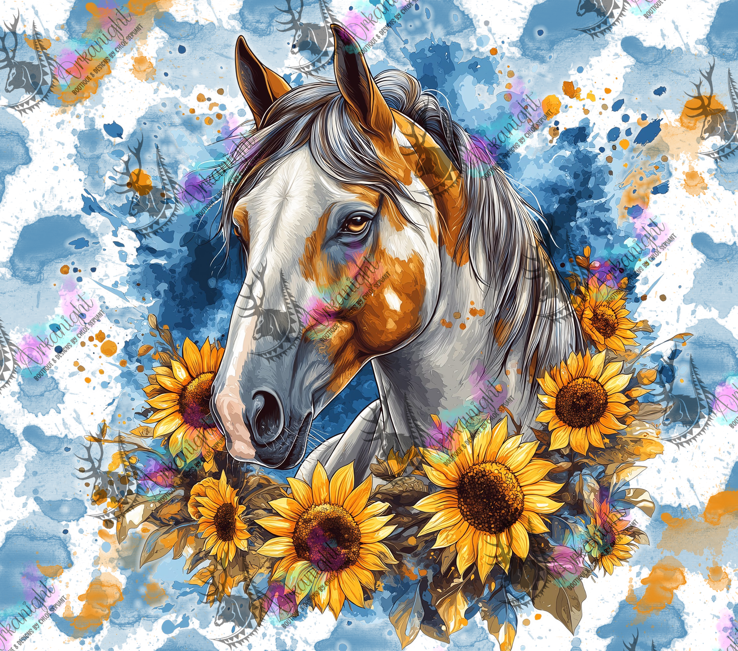 Numérique - Collection Western 2026 - Watercolor Realism - Cheval Paint Horse - Teinte Bleu marin et sunflower