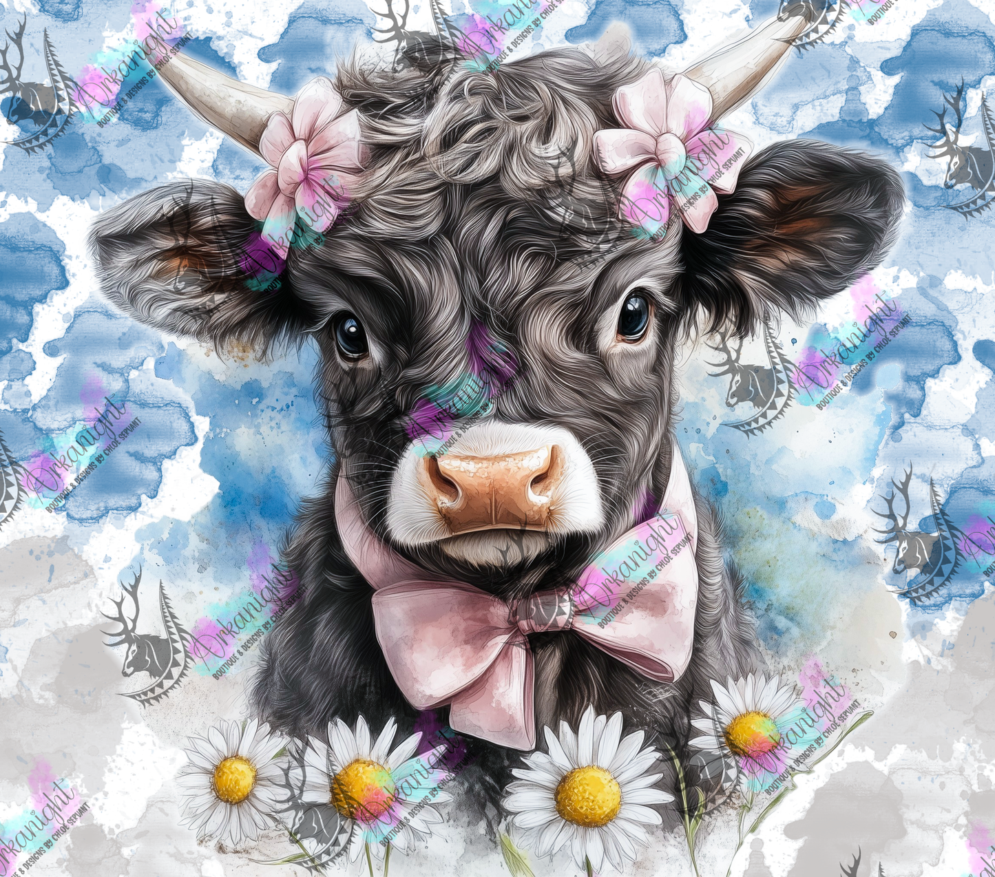 Numérique - Collection Western 2026 - Watercolor Realism - Vache Highland Grise Foncé & Blanche - Teinte de bleu & Gris