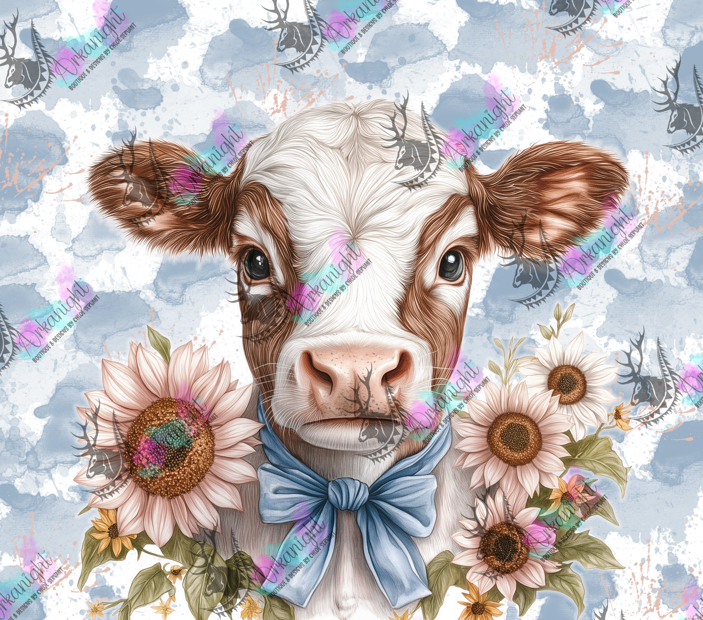 Numérique - Collection Western 2026 - Watercolor Realism - Vache Holstein Brune & Blanche - Teinte bleu/Gris - Sunflower Rose