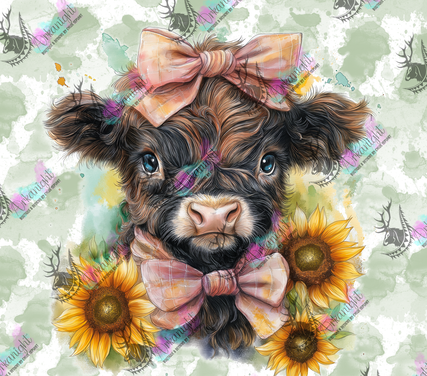 Numérique - Collection Western 2026 - Watercolor Realism - Vache Higland Brune & Rousse - Teinte de vert Sauge