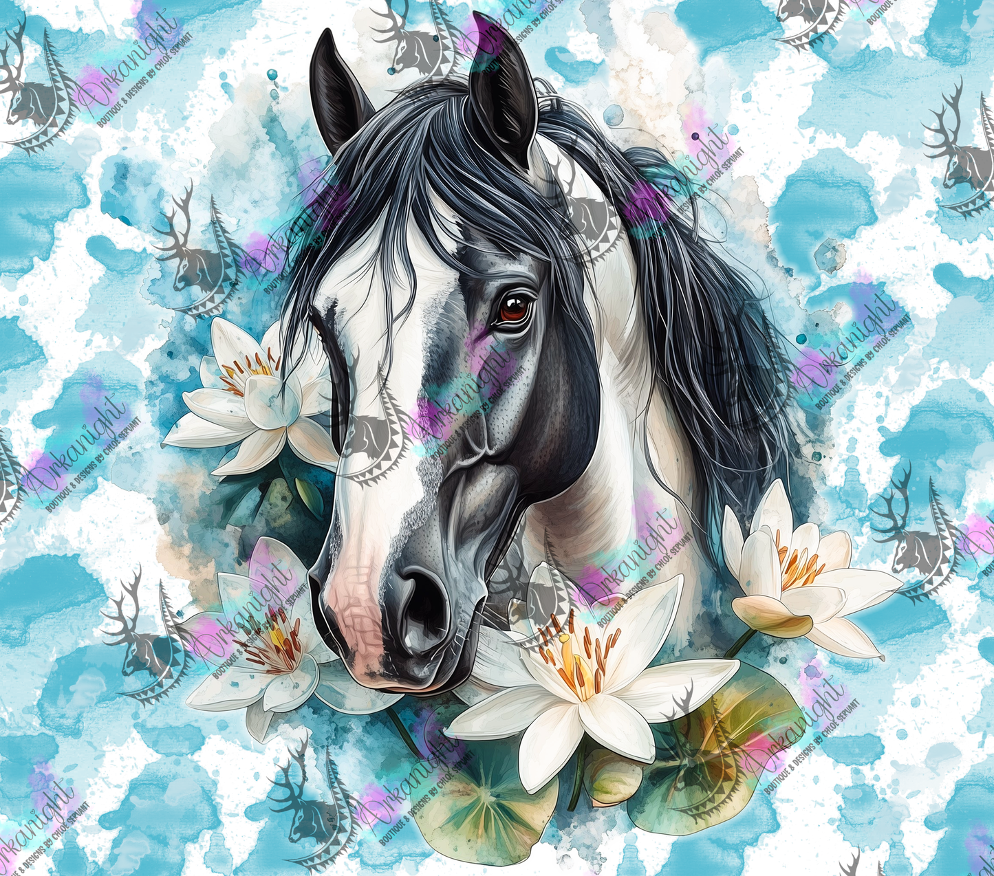 Numérique - Collection Western 2026 - Watercolor Realism - Paint Horse Noir & Blanc - Teinte de bleu turquoise