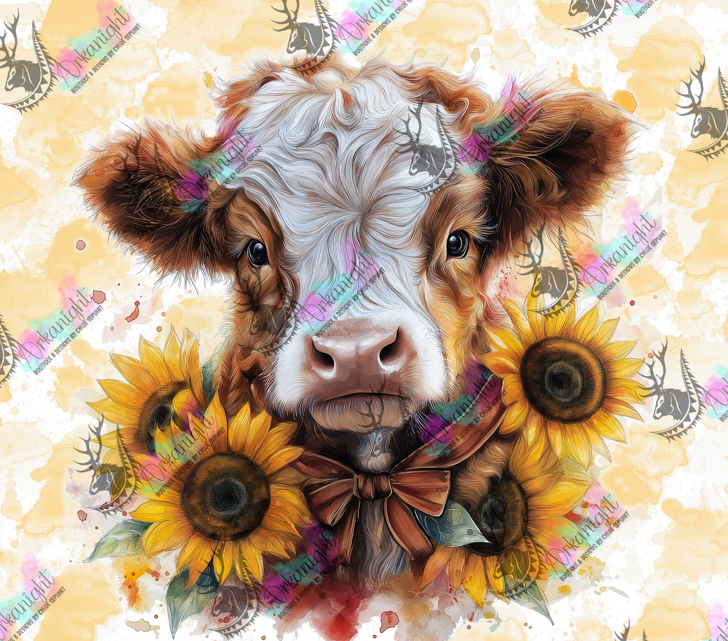 Numérique - Collection Western 2026 - Watercolor Realism - Vache Highland Rousse & Blanche - Teinte de jaune Sunflower